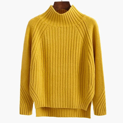 LVSANW Women Warm Sweater Loose Stripes Pullover Sweaters Mock Neck Solid Knit Split Jumpers Casual Office Sweater Women Autumn Winter