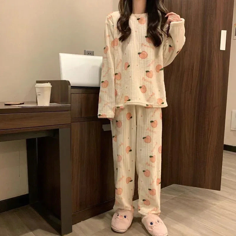 LVSANW Women Warm Thicken Fleece 2 Pieces Sets O-Neck Long Sleeve Top & Elastic Waist Pants Cute Peach Print Pajamas Set