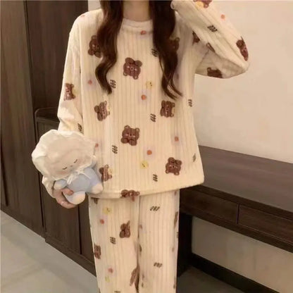 LVSANW Women Warm Thicken Fleece 2 Pieces Sets O-Neck Long Sleeve Top & Elastic Waist Pants Cute Peach Print Pajamas Set