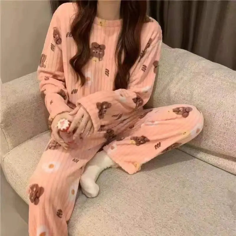 LVSANW Women Warm Thicken Fleece 2 Pieces Sets O-Neck Long Sleeve Top & Elastic Waist Pants Cute Peach Print Pajamas Set