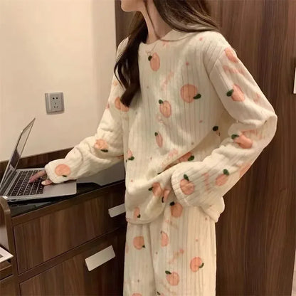 LVSANW Women Warm Thicken Fleece 2 Pieces Sets O-Neck Long Sleeve Top & Elastic Waist Pants Cute Peach Print Pajamas Set