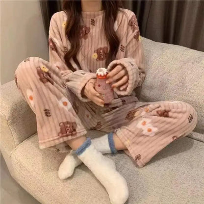 LVSANW Women Warm Thicken Fleece 2 Pieces Sets O-Neck Long Sleeve Top & Elastic Waist Pants Cute Peach Print Pajamas Set