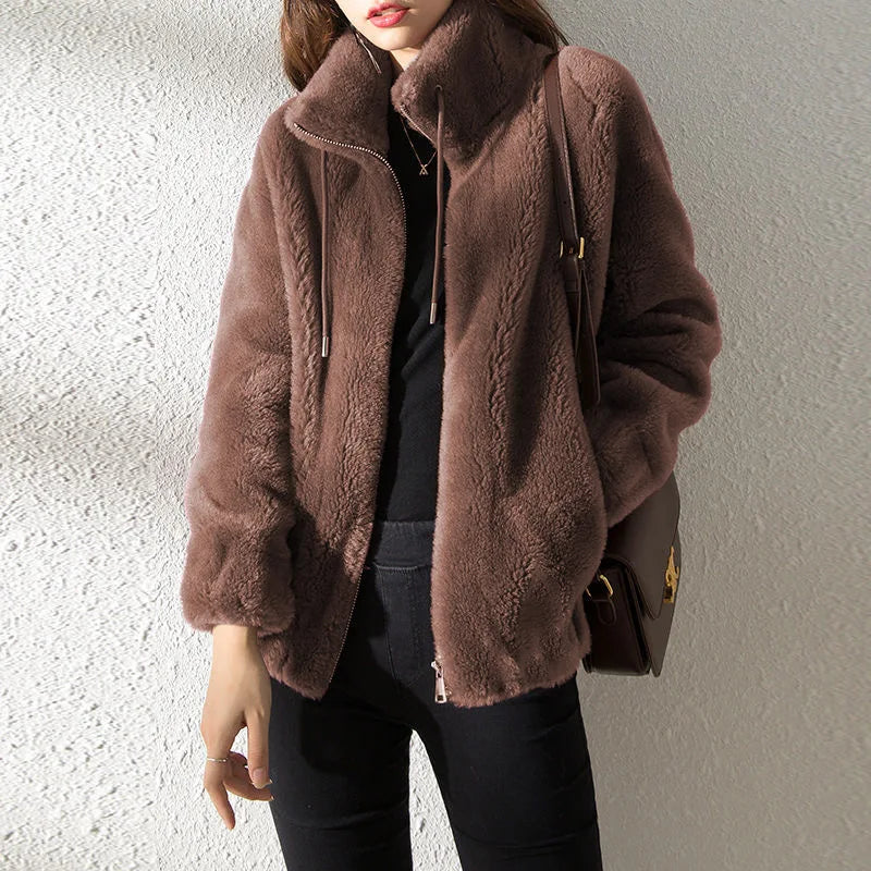 LVSANW Women Winter Double Coral Fleece Warm Coat Stand Collar Plush Thick Overcoat Female Fashion Casual Long Sleeve Zipper Clothes