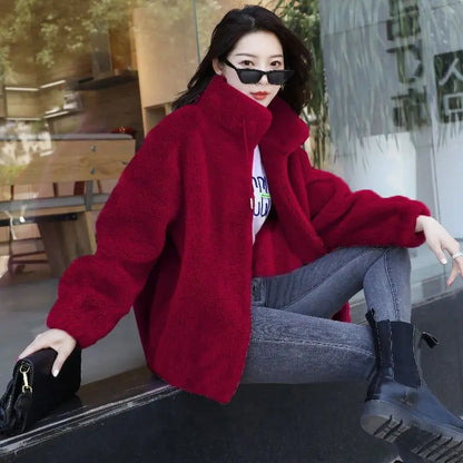 LVSANW Women Winter Double Coral Fleece Warm Coat Stand Collar Plush Thick Overcoat Female Fashion Casual Long Sleeve Zipper Clothes