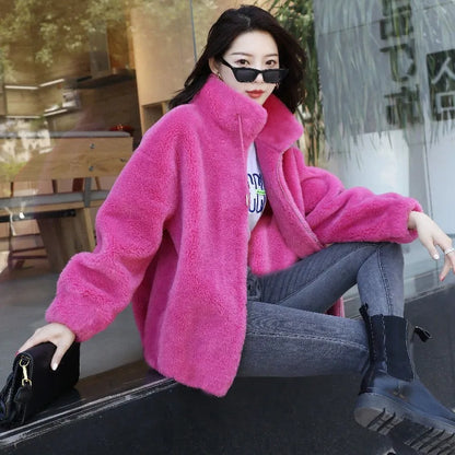 LVSANW Women Winter Double Coral Fleece Warm Coat Stand Collar Plush Thick Overcoat Female Fashion Casual Long Sleeve Zipper Clothes