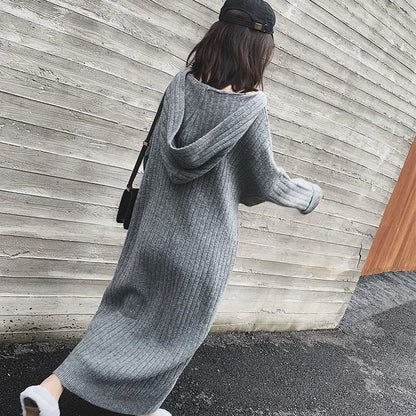 LVSANW Women Winter Long Dress With Hoodies Solid Color Knitted Long Sleeve Casual Fashion Streetwear Warm Women Dresses