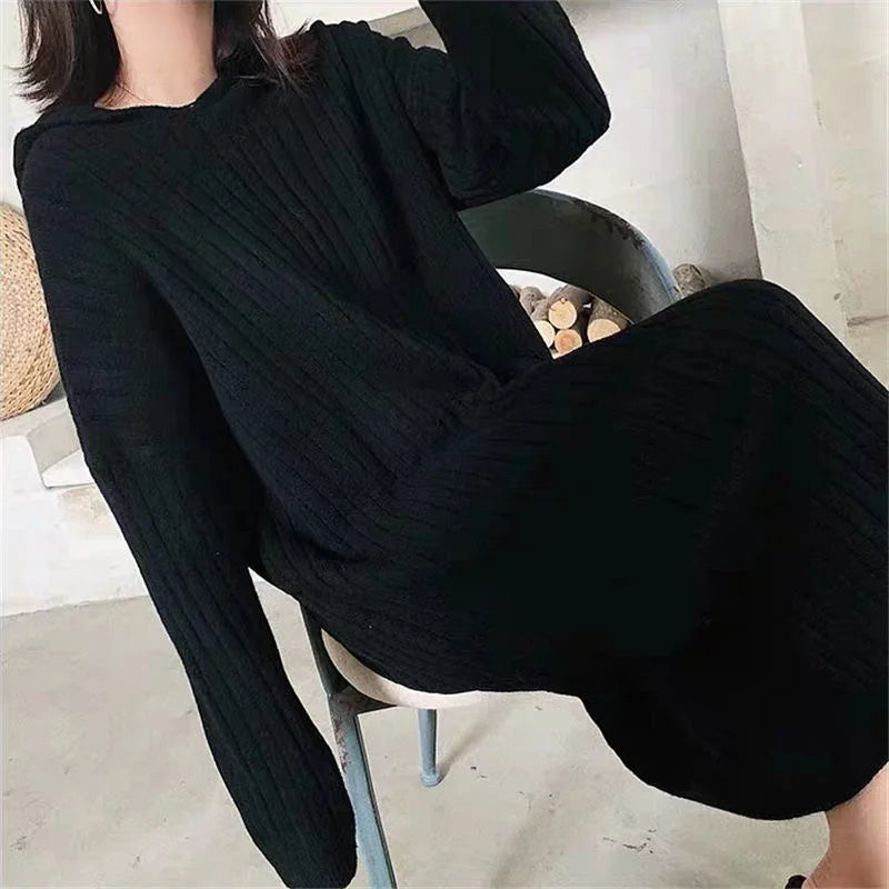 LVSANW Women Winter Long Dress With Hoodies Solid Color Knitted Long Sleeve Casual Fashion Streetwear Warm Women Dresses