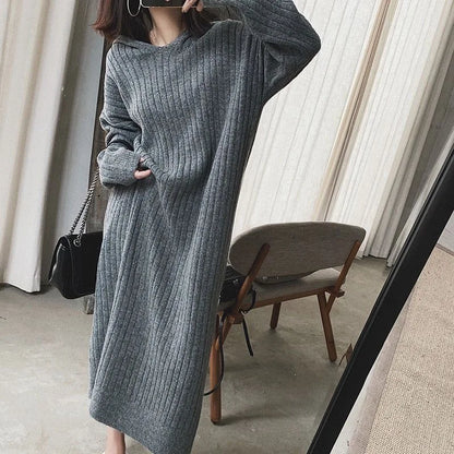 LVSANW Women Winter Long Dress With Hoodies Solid Color Knitted Long Sleeve Casual Fashion Streetwear Warm Women Dresses