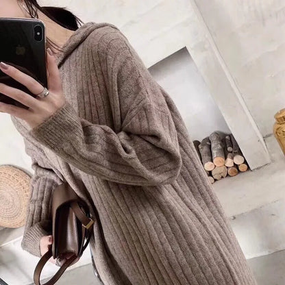 LVSANW Women Winter Long Dress With Hoodies Solid Color Knitted Long Sleeve Casual Fashion Streetwear Warm Women Dresses