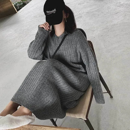 LVSANW Women Winter Long Dress With Hoodies Solid Color Knitted Long Sleeve Casual Fashion Streetwear Warm Women Dresses