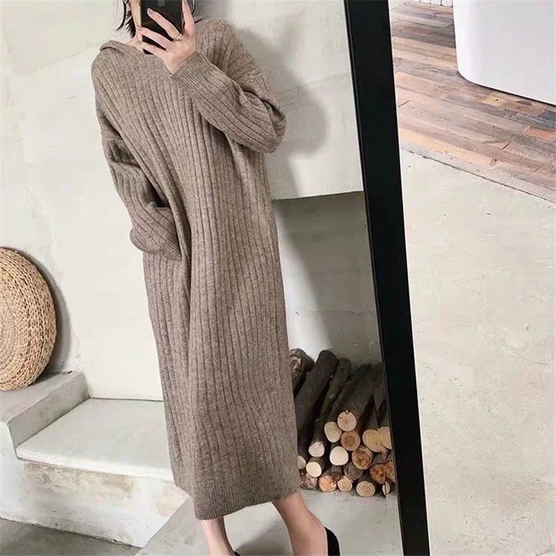 LVSANW Women Winter Long Dress With Hoodies Solid Color Knitted Long Sleeve Casual Fashion Streetwear Warm Women Dresses