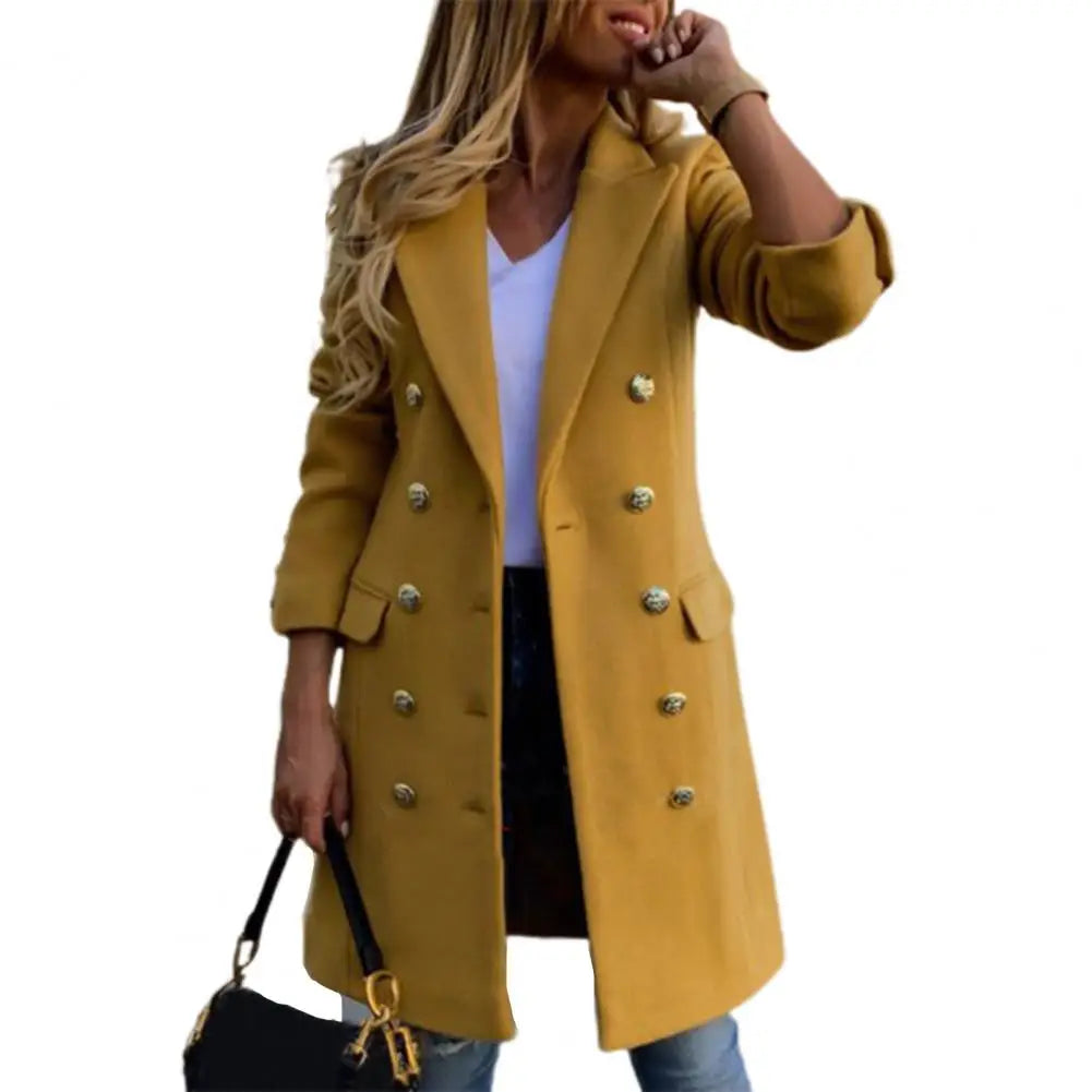 LVSANW Women Wool Coat Autumn Winter Long Sleeve Pure Color Turn-Down Collar Double-breasted Women Overcoat Women Greatcoat Outerwear