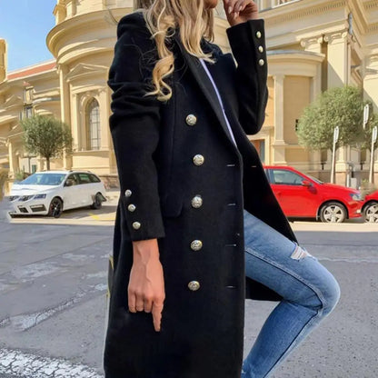 LVSANW Women Wool Coat Autumn Winter Long Sleeve Pure Color Turn-Down Collar Double-breasted Women Overcoat Women Greatcoat Outerwear