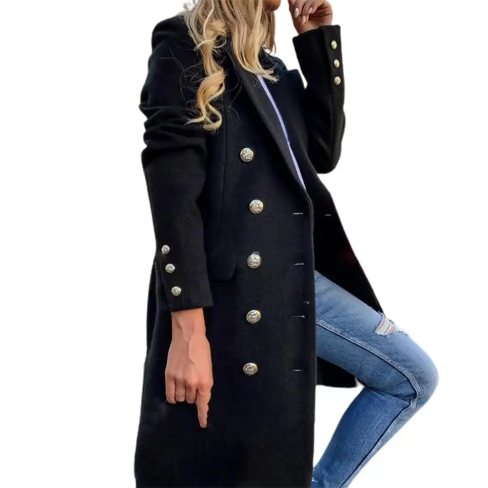 LVSANW Women Wool Coat Autumn Winter Long Sleeve Pure Color Turn-Down Collar Double-breasted Women Overcoat Women Greatcoat Outerwear