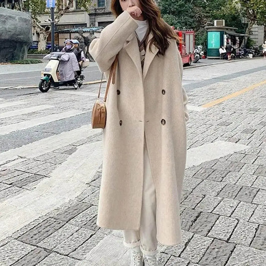 LVSANW Women Woolen Coat Double-Breasted Autumn Winter New Fashion Loose Long Trench Coat Retro Loose Female Overcoat Ladies Windbreak