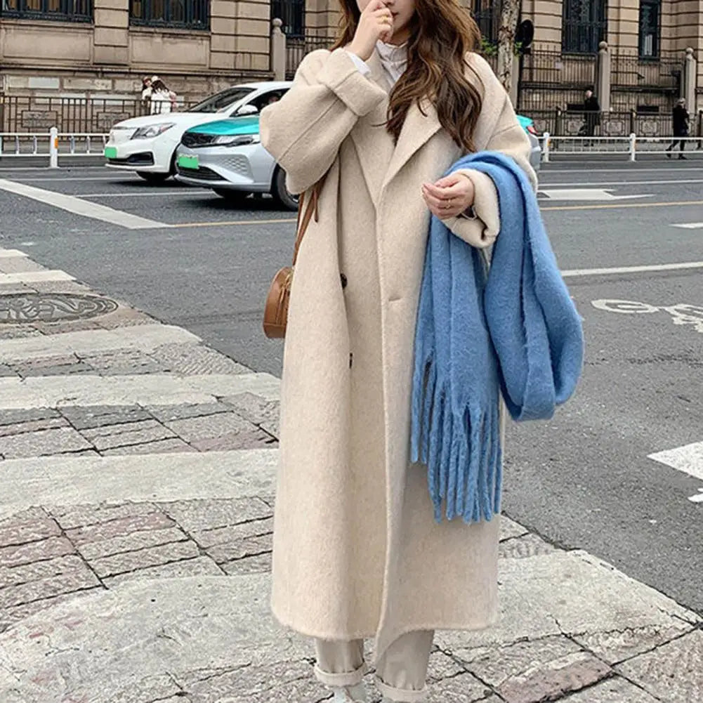 LVSANW Women Woolen Coat Double-Breasted Lapel Stylish Overcoat Warm Mid-Length Double Pockets Winter Coat Lady Clothes Accessories