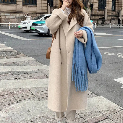 LVSANW Women Woolen Coat Double-Breasted Lapel Stylish Overcoat Warm Mid-Length Double Pockets Winter Coat Lady Clothes Accessories