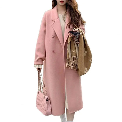 LVSANW Women Woolen Coat Double-Breasted Lapel Stylish Overcoat Warm Mid-Length Double Pockets Winter Coat Lady Clothes Accessories