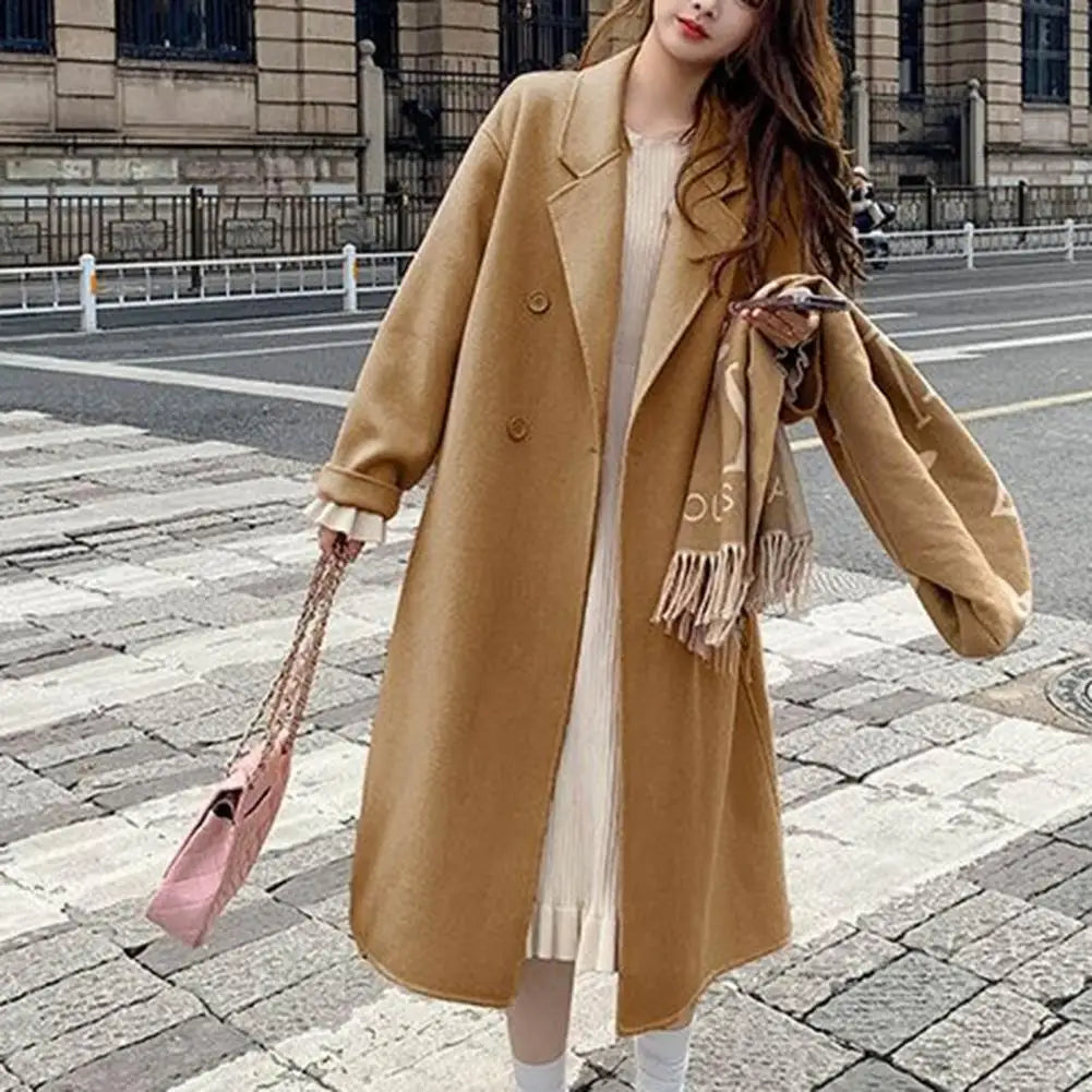 LVSANW Women Woolen Coat Double-Breasted Lapel Stylish Overcoat Warm Mid-Length Double Pockets Winter Coat Lady Clothes Accessories