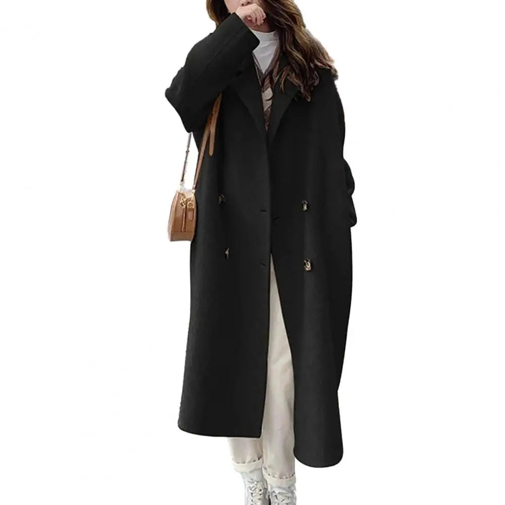 LVSANW Women Woolen Coat Double-Breasted Lapel Stylish Overcoat Warm Mid-Length Double Pockets Winter Coat Lady Clothes Accessories