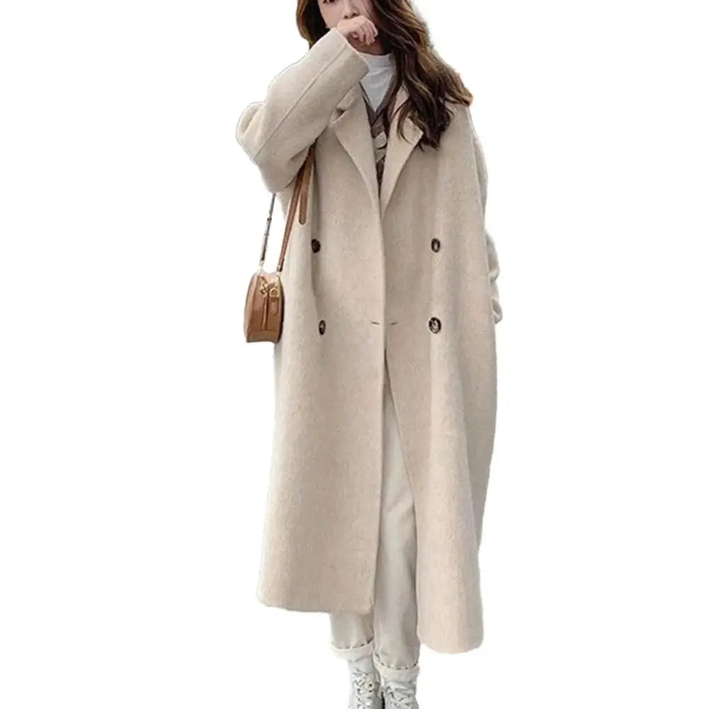 LVSANW Women Woolen Coat Double-Breasted Lapel Stylish Overcoat Warm Mid-Length Double Pockets Winter Coat Lady Clothes Accessories