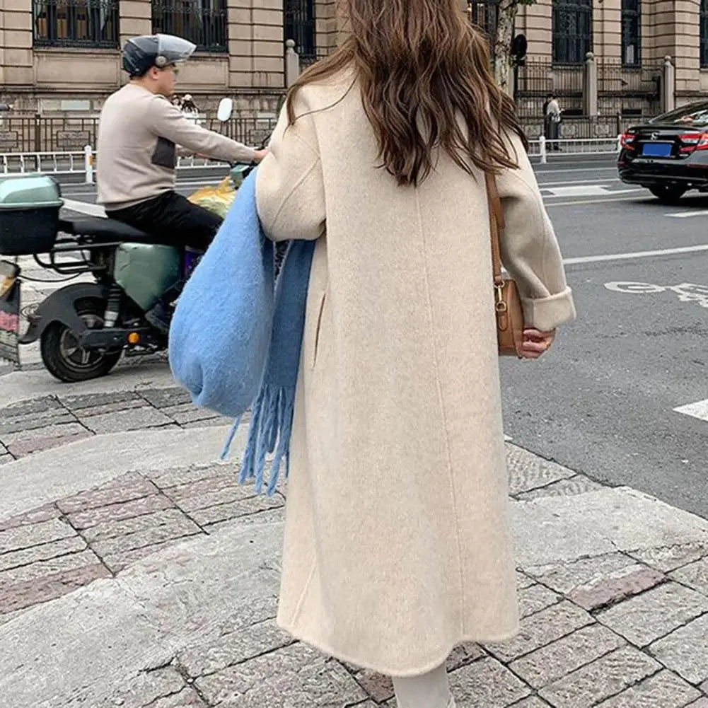 LVSANW Women Woolen Coat Double-Breasted Lapel Stylish Overcoat Warm Mid-Length Double Pockets Winter Coat Lady Clothes Accessories