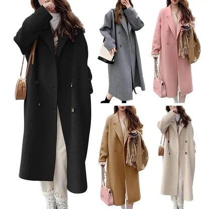 LVSANW Women Woolen Coat Double-Breasted Lapel Stylish Overcoat Warm Mid-Length Double Pockets Winter Coat Lady Clothes Accessories