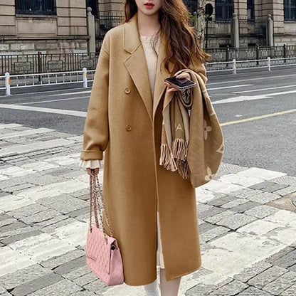 LVSANW Women Woolen Coat Double-Breasted Lapel Stylish Overcoat Warm Mid-Length Double Pockets Winter Coat Lady Clothes Accessories