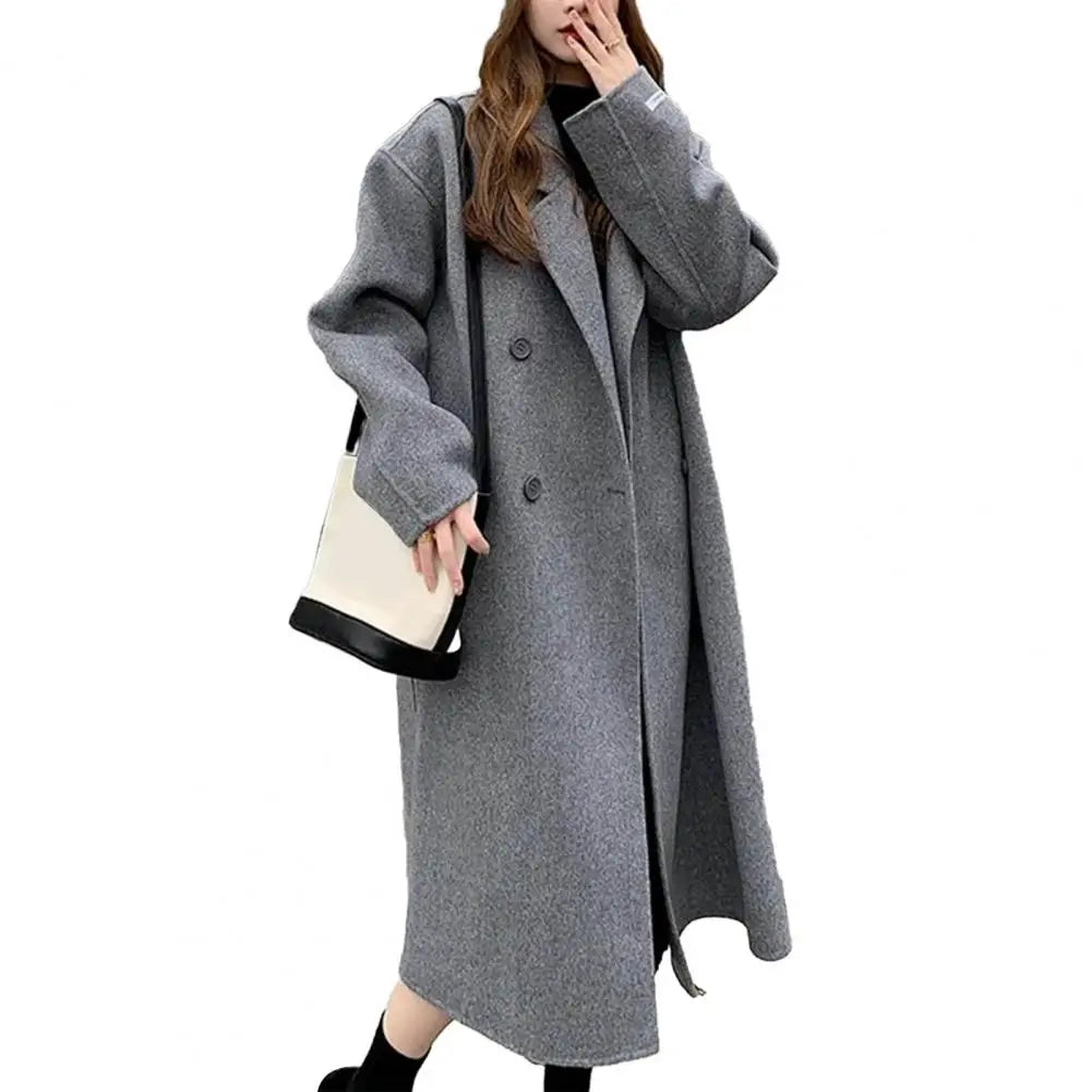 LVSANW Women Woolen Coat Double-Breasted Lapel Stylish Overcoat Warm Mid-Length Double Pockets Winter Coat Lady Clothes Accessories