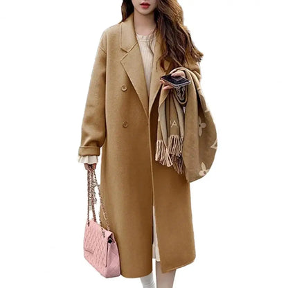 LVSANW Women Woolen Coat Double-Breasted Lapel Stylish Overcoat Warm Mid-Length Double Pockets Winter Coat Lady Clothes Accessories