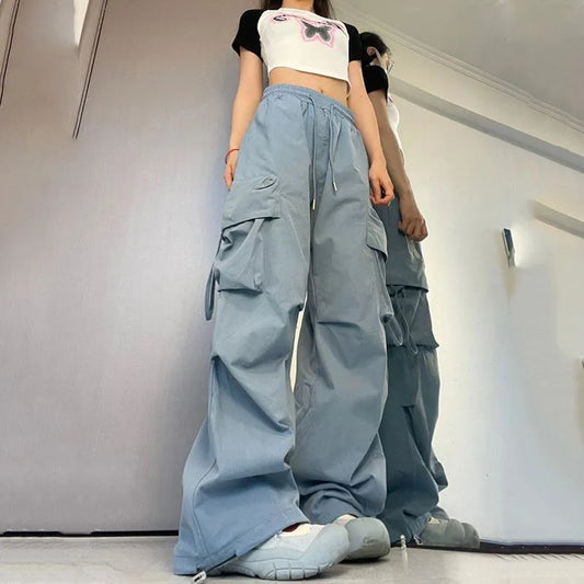 LVSANW Women Y2K Cargo Pants High Waist Streetwear Hip Hop Trousers Female Big Pockets Casual Low Waist Drawstring Baggy Sweatpants