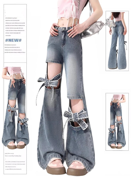 LVSANW Women Y2k Bow Jeans Baggy Harajuku 2000s Trashy Hollow Out Oversize Denim Trousers 90s Aesthetic Jean Pants Vintage Clothes 2024