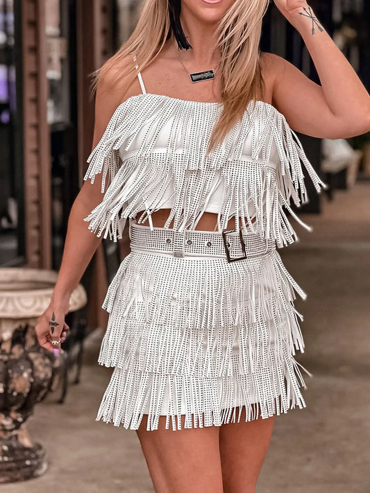 LVSANW Women Y2k Sparkly Sequins Tassel Skirt Set Sleeveless Crop Top Sling Vest Fringe Skirt Summer Outfits Dance Rave Party Clubwear