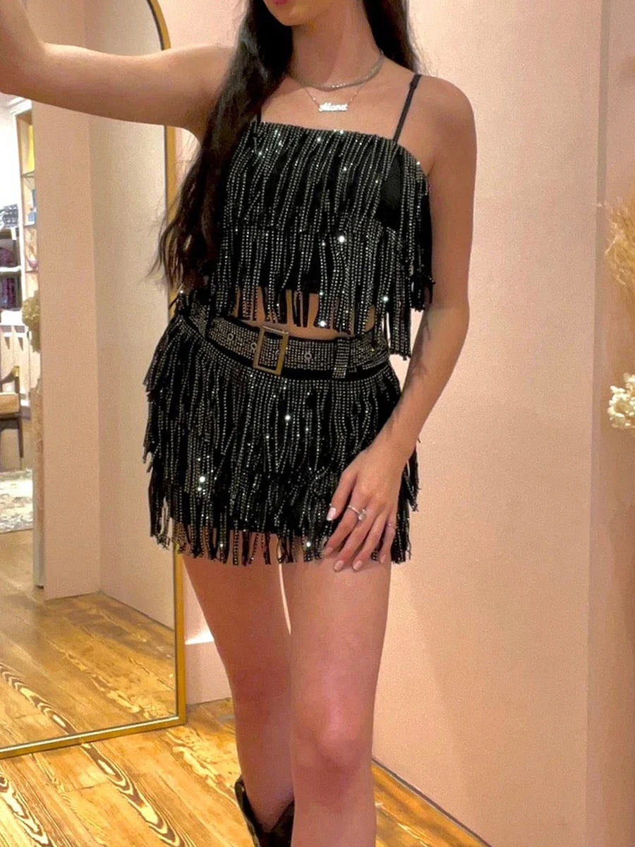 LVSANW Women Y2k Sparkly Sequins Tassel Skirt Set Sleeveless Crop Top Sling Vest Fringe Skirt Summer Outfits Dance Rave Party Clubwear