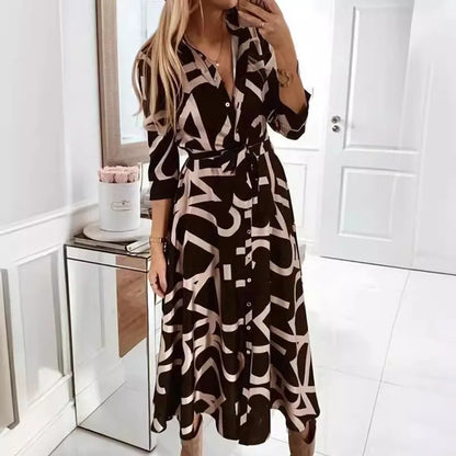 LVSANW Women dress women V-neck spring autumn geometry printed button-up long-sleeved woman mid-calf dresses vestidos TXGL028