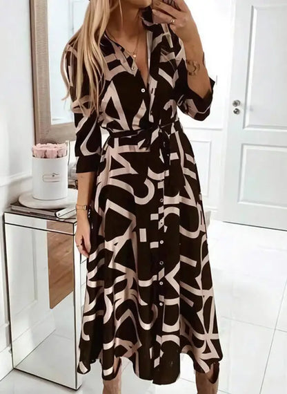 LVSANW Women dress women V-neck spring autumn geometry printed button-up long-sleeved woman mid-calf dresses vestidos TXGL028