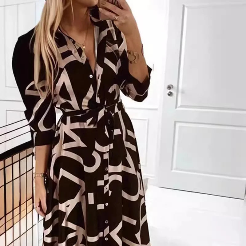 LVSANW Women dress women V-neck spring autumn geometry printed button-up long-sleeved woman mid-calf dresses vestidos TXGL028