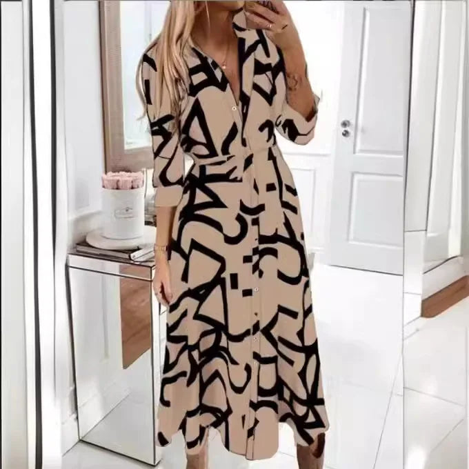 LVSANW Women dress women V-neck spring autumn geometry printed button-up long-sleeved woman mid-calf dresses vestidos TXGL028