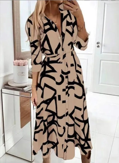 LVSANW Women dress women V-neck spring autumn geometry printed button-up long-sleeved woman mid-calf dresses vestidos TXGL028