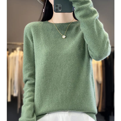 LVSANW Women's 100% Beautiful Wool Round Neck Top Fashion Versatile Knitted Loose Long Sleeve Pullover Thin Sweater Yuan Ling