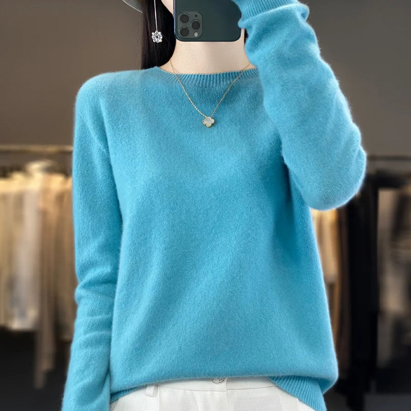 LVSANW Women's 100% Beautiful Wool Round Neck Top Fashion Versatile Knitted Loose Long Sleeve Pullover Thin Sweater Yuan Ling