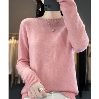 LVSANW Women's 100% Beautiful Wool Round Neck Top Fashion Versatile Knitted Loose Long Sleeve Pullover Thin Sweater Yuan Ling