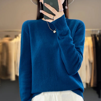 LVSANW Women's 100% Beautiful Wool Round Neck Top Fashion Versatile Knitted Loose Long Sleeve Pullover Thin Sweater Yuan Ling