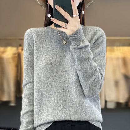 LVSANW Women's 100% Beautiful Wool Round Neck Top Fashion Versatile Knitted Loose Long Sleeve Pullover Thin Sweater Yuan Ling