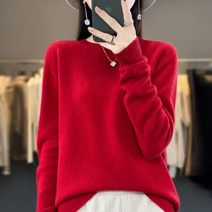 LVSANW Women's 100% Beautiful Wool Round Neck Top Fashion Versatile Knitted Loose Long Sleeve Pullover Thin Sweater Yuan Ling