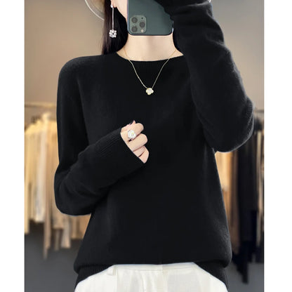 LVSANW Women's 100% Beautiful Wool Round Neck Top Fashion Versatile Knitted Loose Long Sleeve Pullover Thin Sweater Yuan Ling