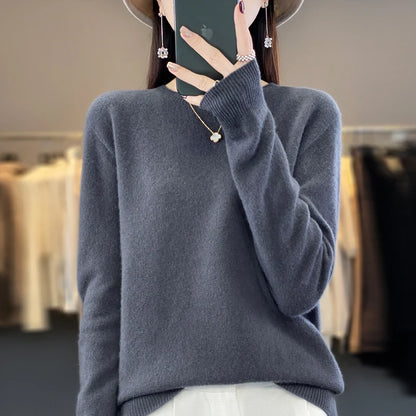 LVSANW Women's 100% Beautiful Wool Round Neck Top Fashion Versatile Knitted Loose Long Sleeve Pullover Thin Sweater Yuan Ling