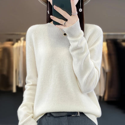 LVSANW Women's 100% Beautiful Wool Round Neck Top Fashion Versatile Knitted Loose Long Sleeve Pullover Thin Sweater Yuan Ling