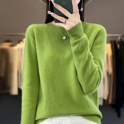 LVSANW Women's 100% Beautiful Wool Round Neck Top Fashion Versatile Knitted Loose Long Sleeve Pullover Thin Sweater Yuan Ling