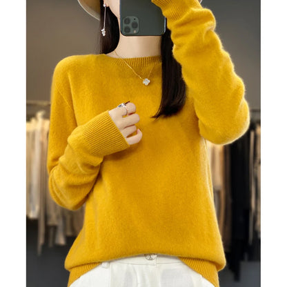 LVSANW Women's 100% Beautiful Wool Round Neck Top Fashion Versatile Knitted Loose Long Sleeve Pullover Thin Sweater Yuan Ling